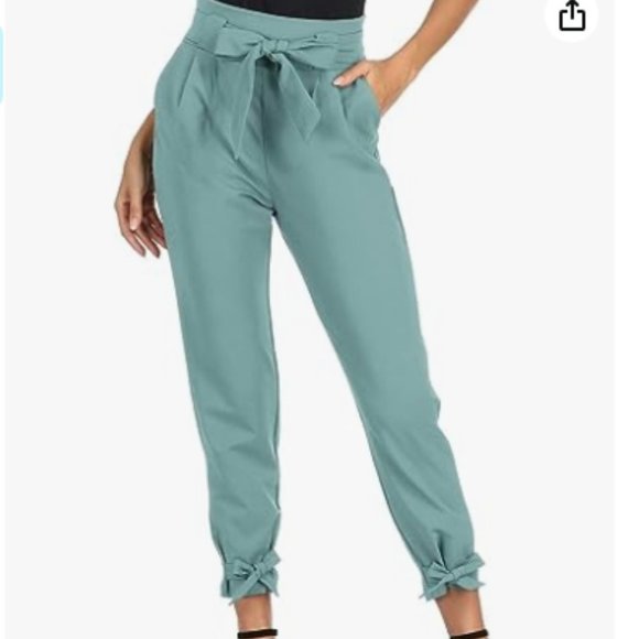 Grace Karin Smoke Blue Paper Bag Waist Cropped Pencil Pant with Tie Ankle - Picture 2 of 5